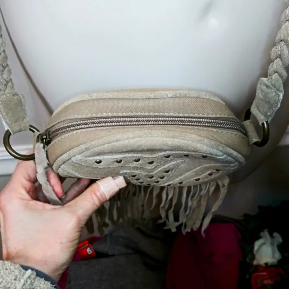 Earthbound Trading Co. Boho Tan Canvas & Studded Suede Fringed Crossbody Purse - Picture 8 of 13